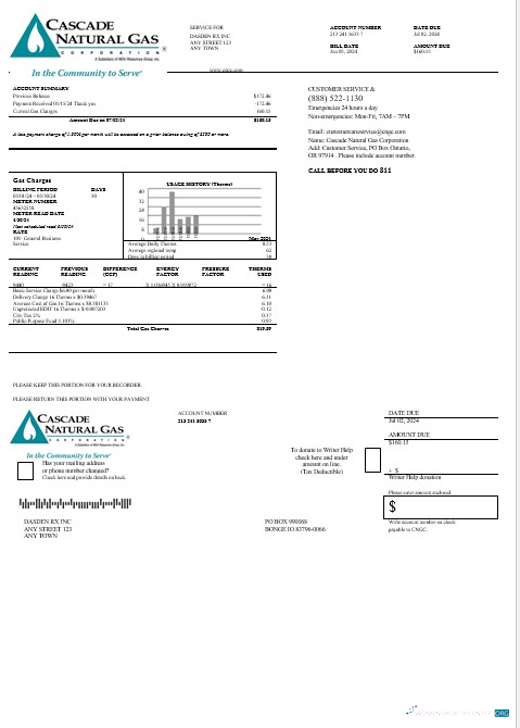 Download USA Cascade Natural Gas business utility bill, Word and PDF template Photoshop template